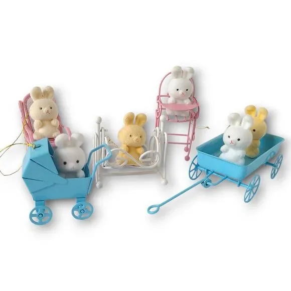 Vtg Flocked Easter Bunny Ornaments Miniature Metal Wagon Decor Kitsch Lot Of 7 - Picture 2 of 7